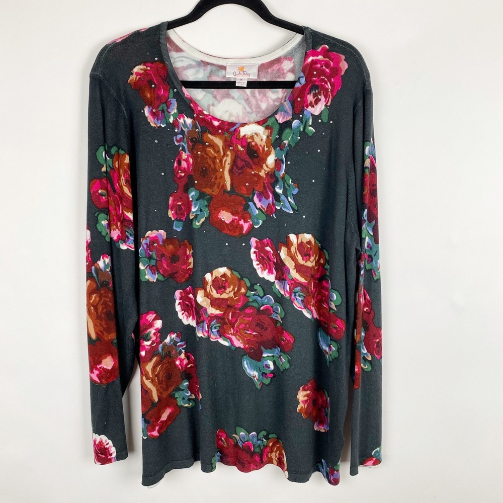 Quacker Factory Floral Rhinestone Knit Sweater Women 1X Dark Green